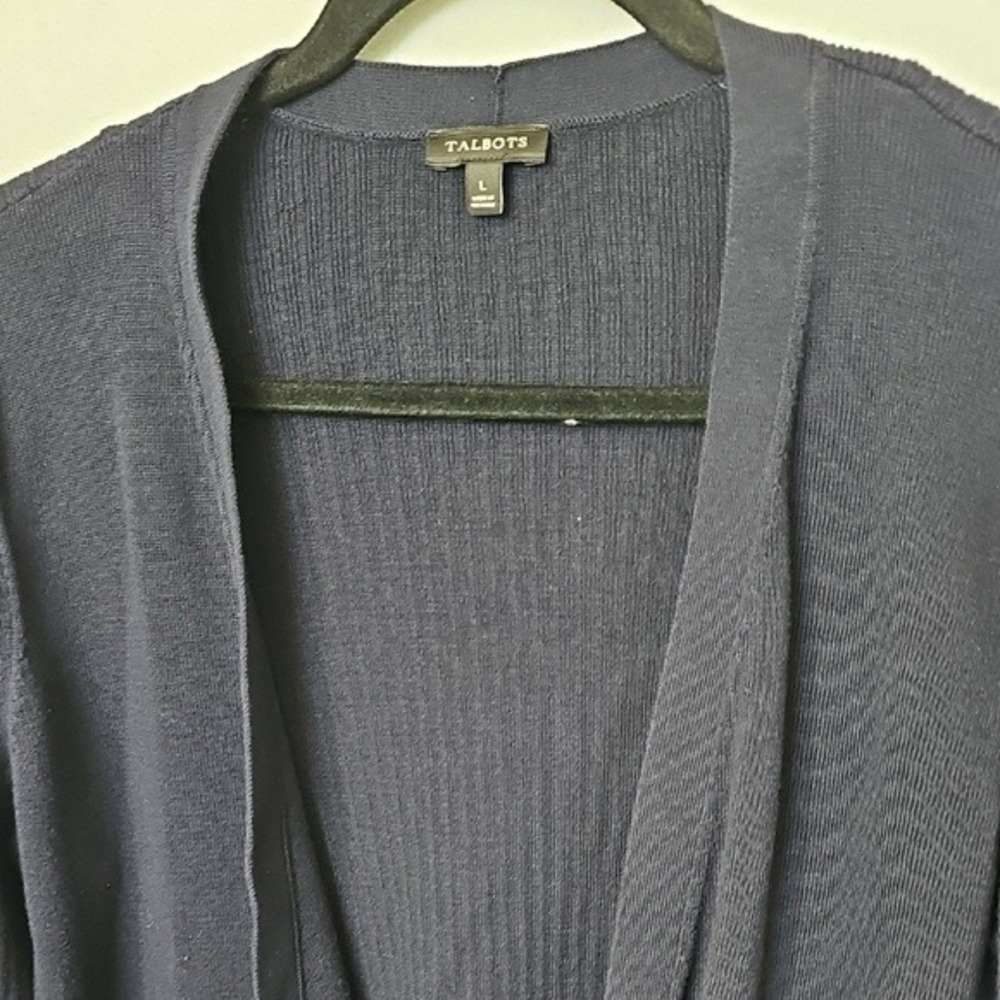 Talbots Classy Casual Ribbed Longline Navy Blue Open Front Pima Cardigan Large - Picture 4 of 8